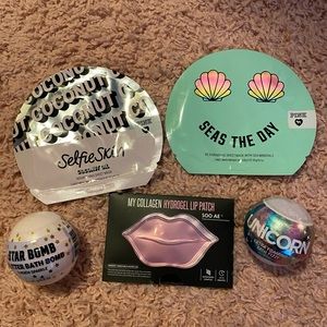 face masks, lip mask, 2 bath bombs